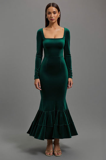 Dark Green Mermaid Velvet Long Sleeves Formal Dress